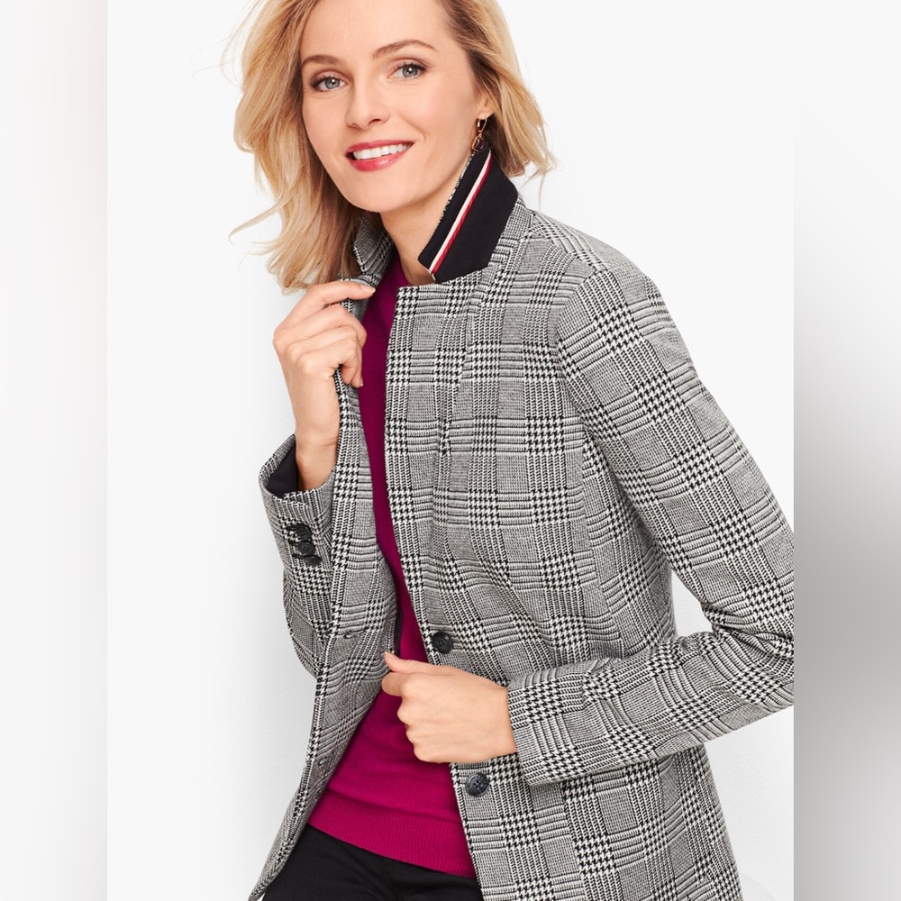 Talbots Aberdeen Knit Blazer Glen Plaid Ponte Medium Size 8 P English Old Money